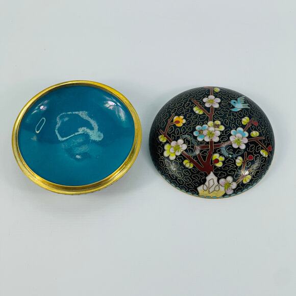 Vintage Round Floral Bird Cloisonné Trinket Jewelry Box - Picture 2 of 4